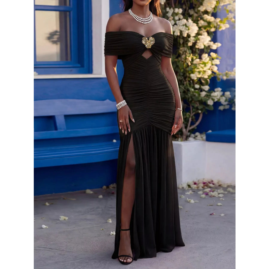 Off-Shoulder Ruched Mermaid Maxi Dress Black / S Apparel and Accessories