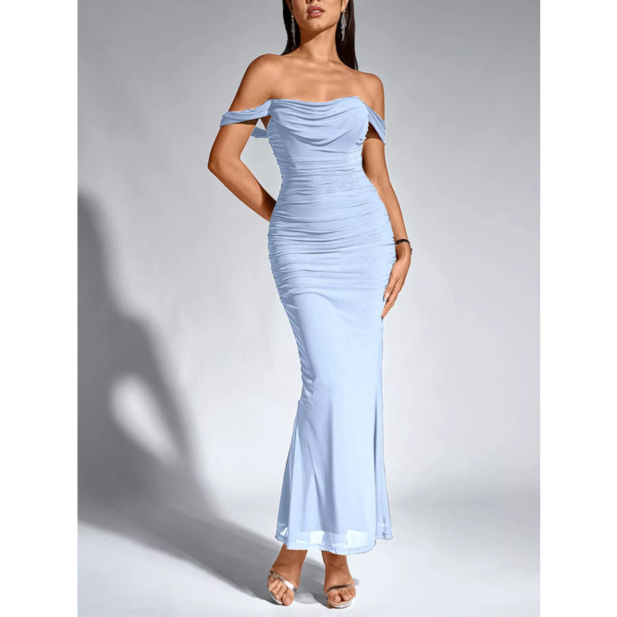 Off-Shoulder Ruched Mermaid Maxi Dress Blue / XS Apparel and Accessories