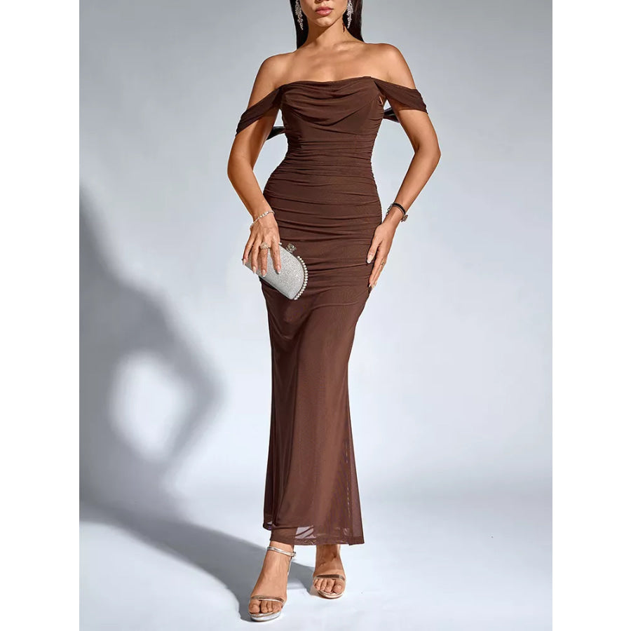 Off-Shoulder Ruched Mermaid Maxi Dress Brown / XS Apparel and Accessories