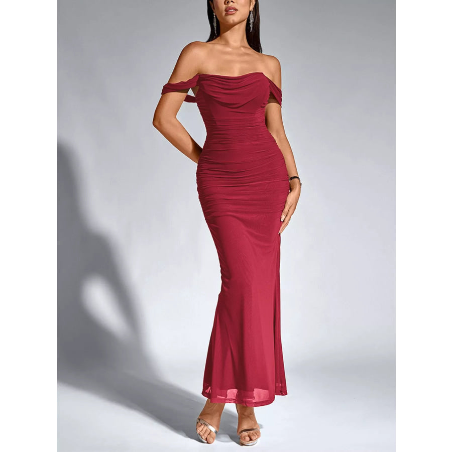 Off-Shoulder Ruched Mermaid Maxi Dress Burgundy / XS Apparel and Accessories
