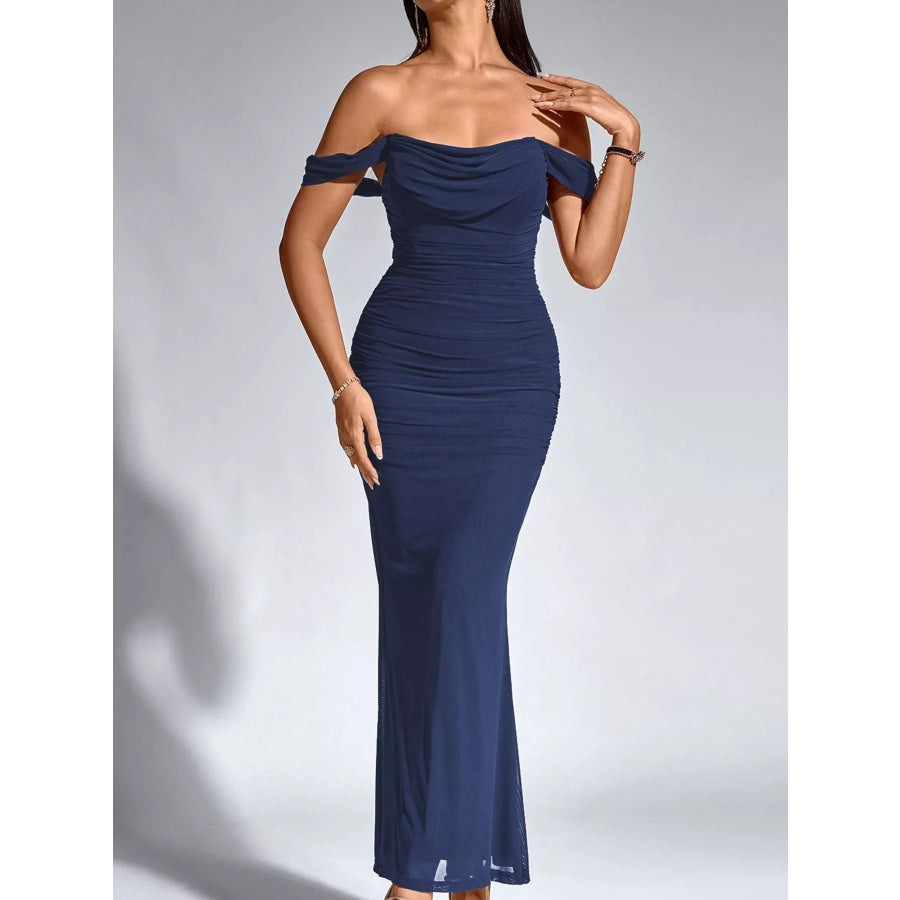 Off-Shoulder Ruched Mermaid Maxi Dress Dark Blue / XS Apparel and Accessories