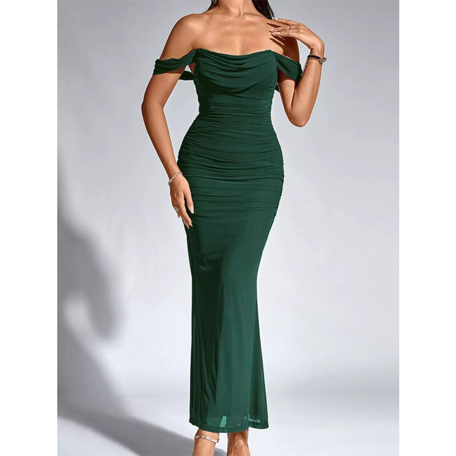 Off-Shoulder Ruched Mermaid Maxi Dress Dark Green / XS Apparel and Accessories