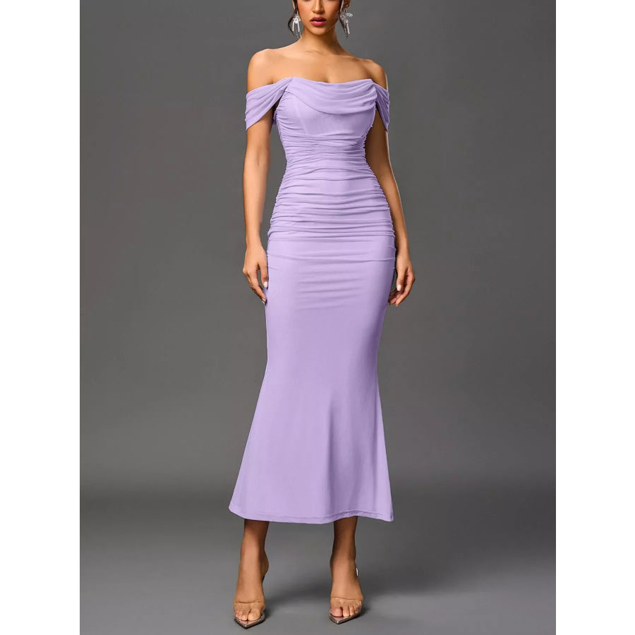 Off-Shoulder Ruched Mermaid Maxi Dress Pink Purple / XS Apparel and Accessories