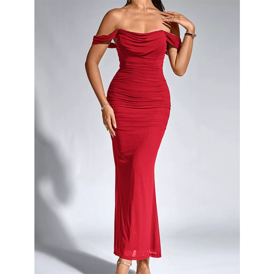 Off-Shoulder Ruched Mermaid Maxi Dress Red / XS Apparel and Accessories
