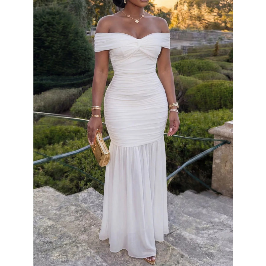 Off-Shoulder Ruched Mermaid Maxi Dress White / S Apparel and Accessories
