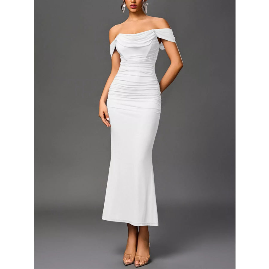 Off-Shoulder Ruched Mermaid Maxi Dress White / XS Apparel and Accessories