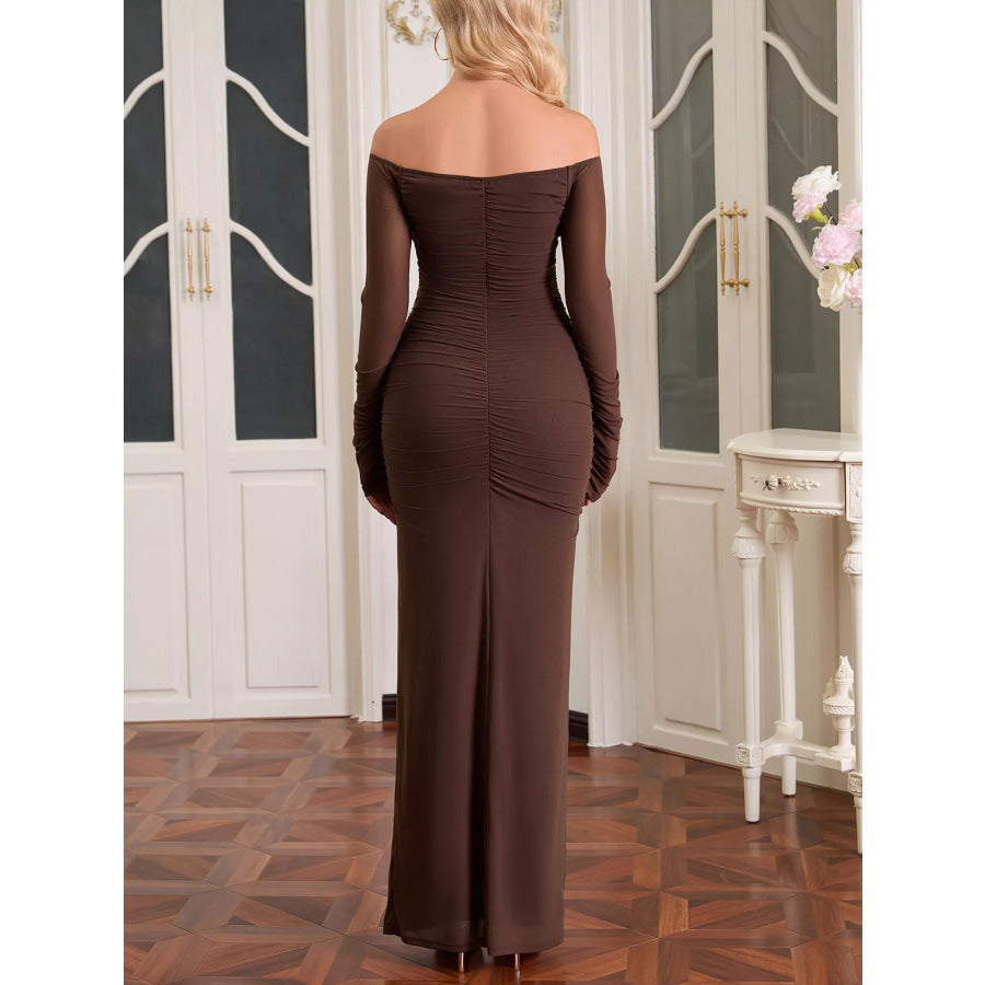 Off-Shoulder Ruched Mesh Long Sleeve Maxi Dress Apparel and Accessories
