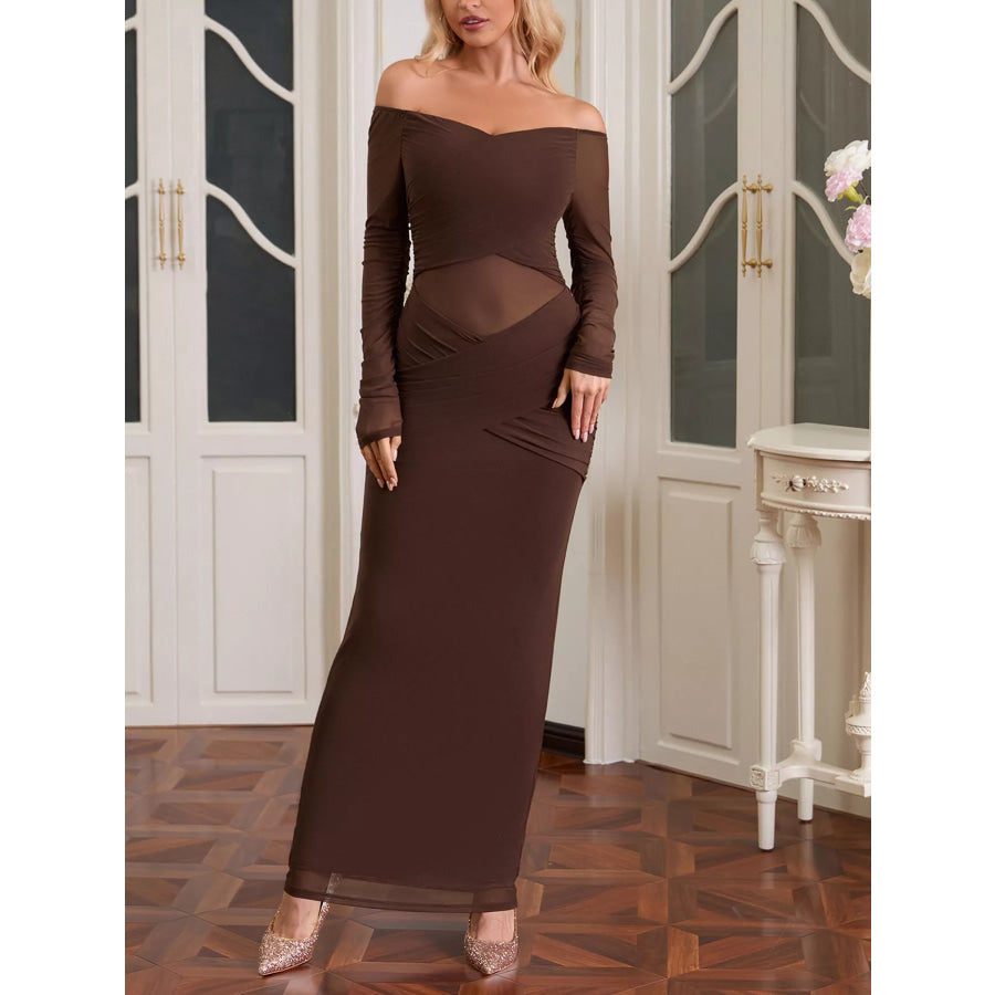 Off-Shoulder Ruched Mesh Long Sleeve Maxi Dress Apparel and Accessories