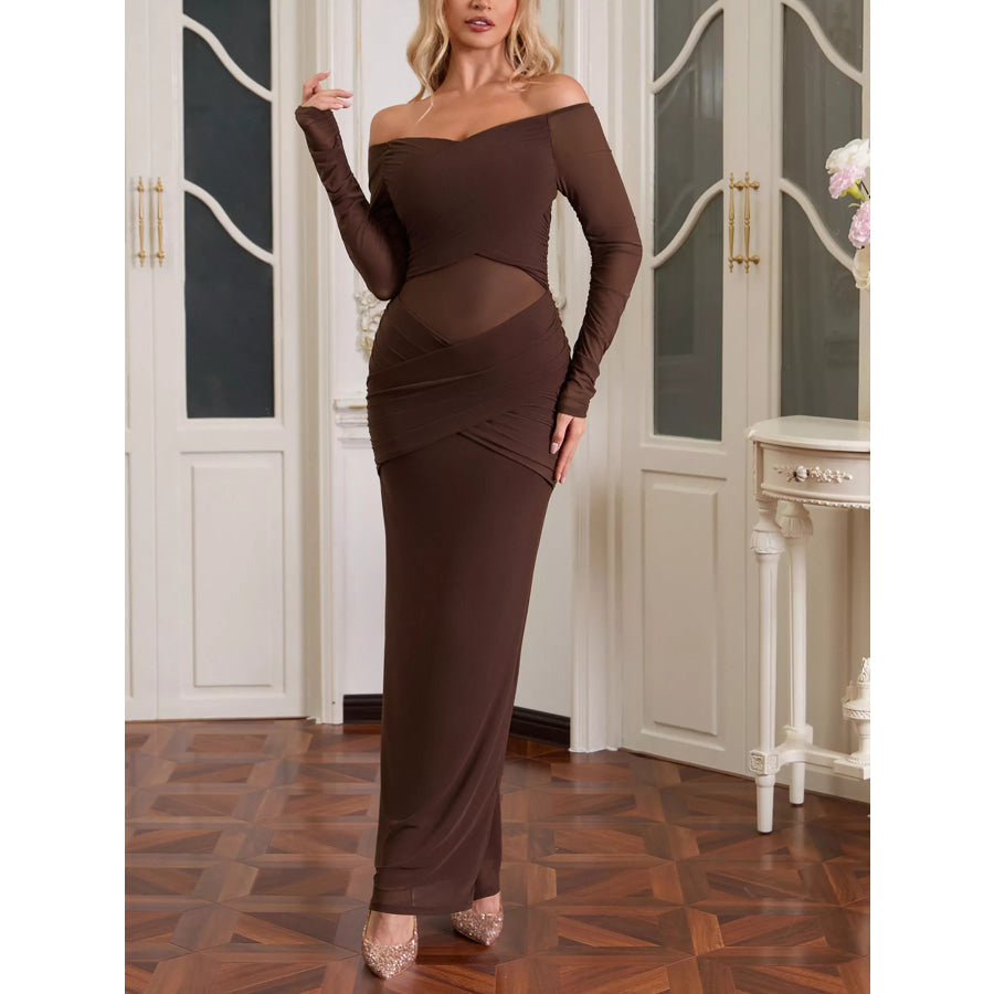Off-Shoulder Ruched Mesh Long Sleeve Maxi Dress Apparel and Accessories