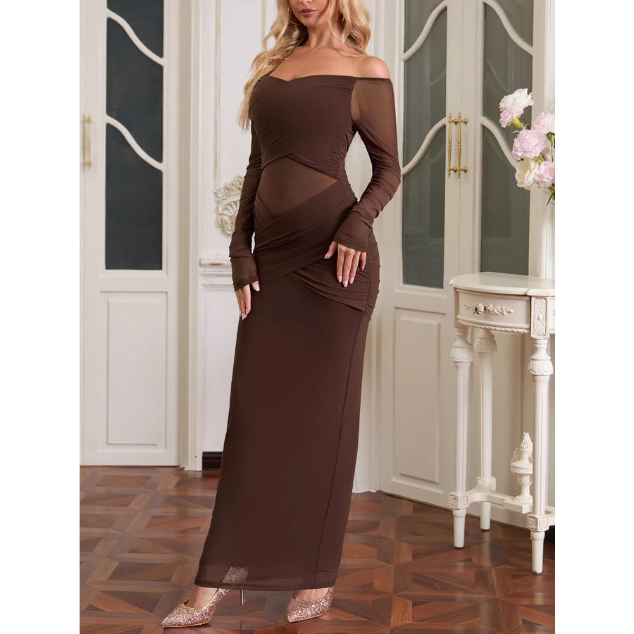 Off-Shoulder Ruched Mesh Long Sleeve Maxi Dress Apparel and Accessories