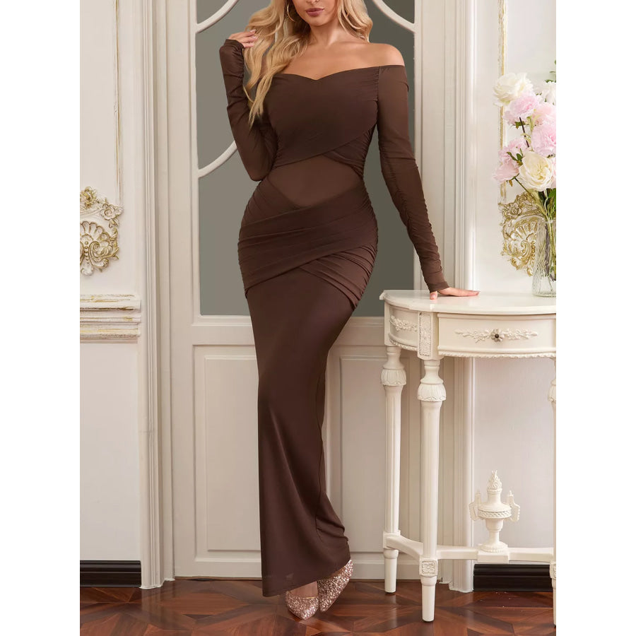 Off-Shoulder Ruched Mesh Long Sleeve Maxi Dress Brown / XS Apparel and Accessories