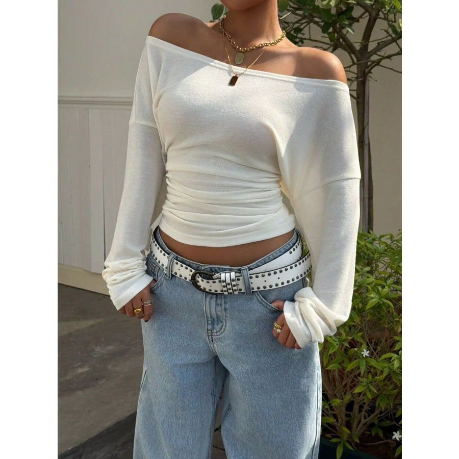 Off-Shoulder Ruched Slim Fit Long Sleeve T-Shirt Apparel and Accessories