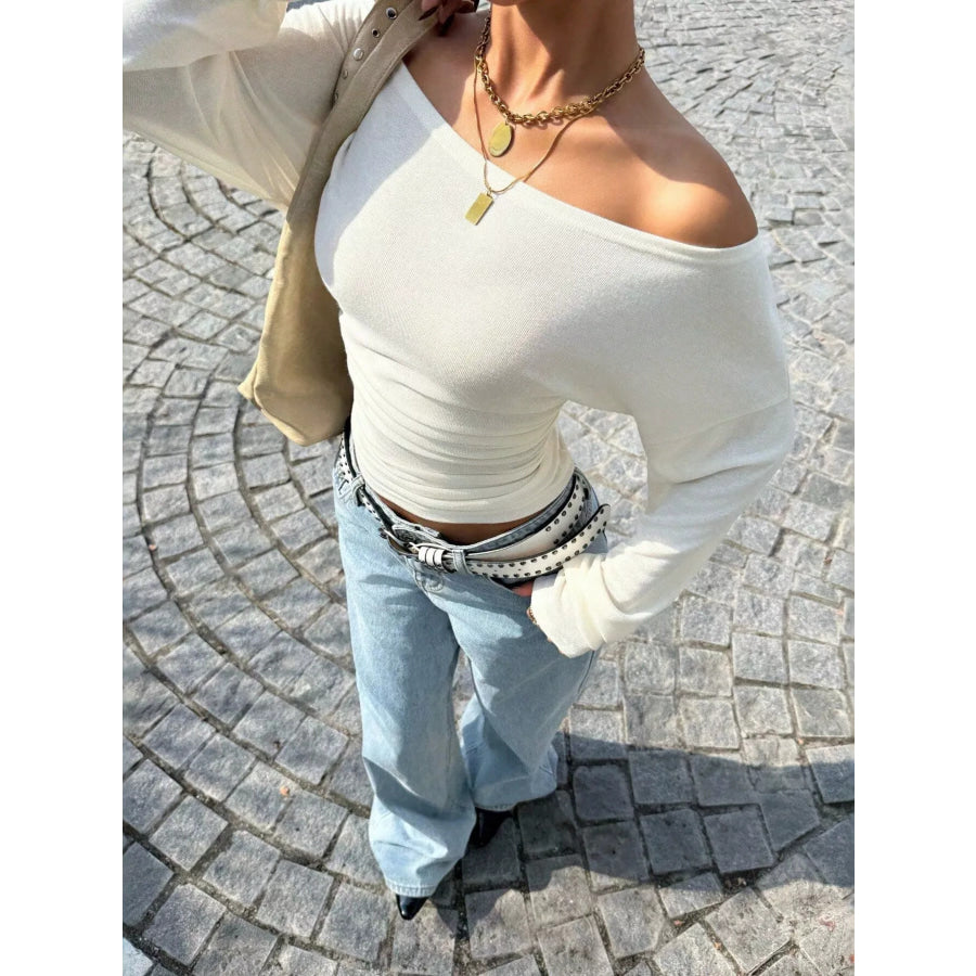 Off-Shoulder Ruched Slim Fit Long Sleeve T-Shirt Apricot / S Apparel and Accessories