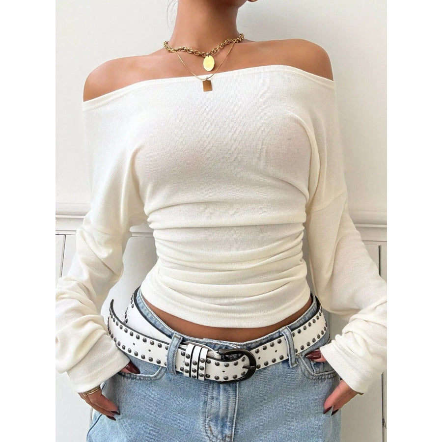 Off-Shoulder Ruched Slim Fit Long Sleeve T-Shirt Apricot / S Apparel and Accessories