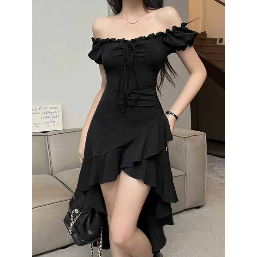 Off-Shoulder Ruffle Hem High-Low Dress Apparel and Accessories