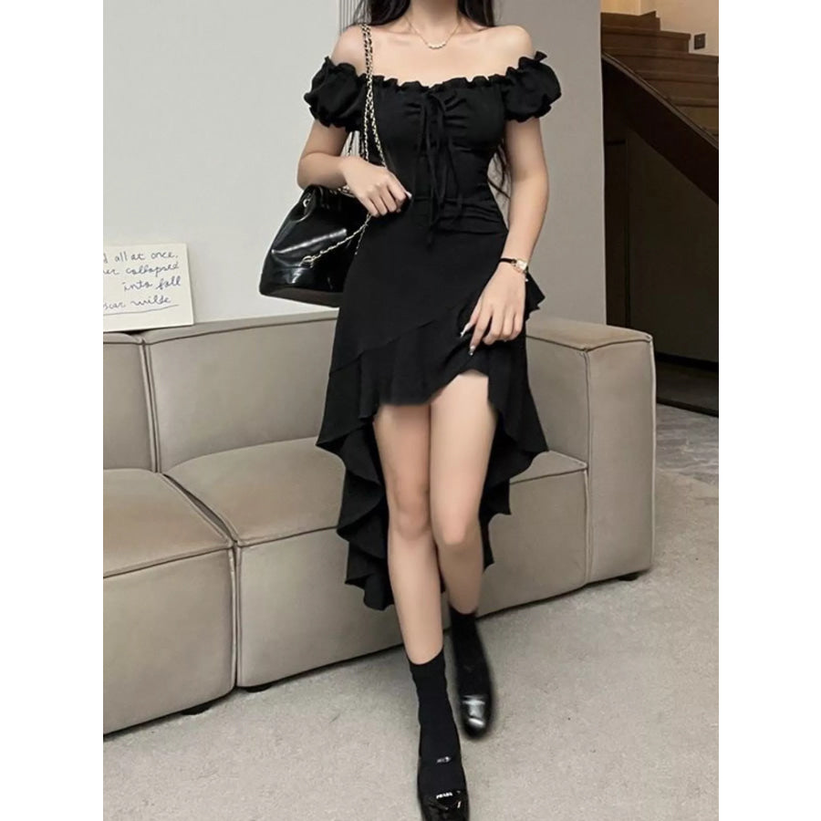 Off-Shoulder Ruffle Hem High-Low Dress Apparel and Accessories