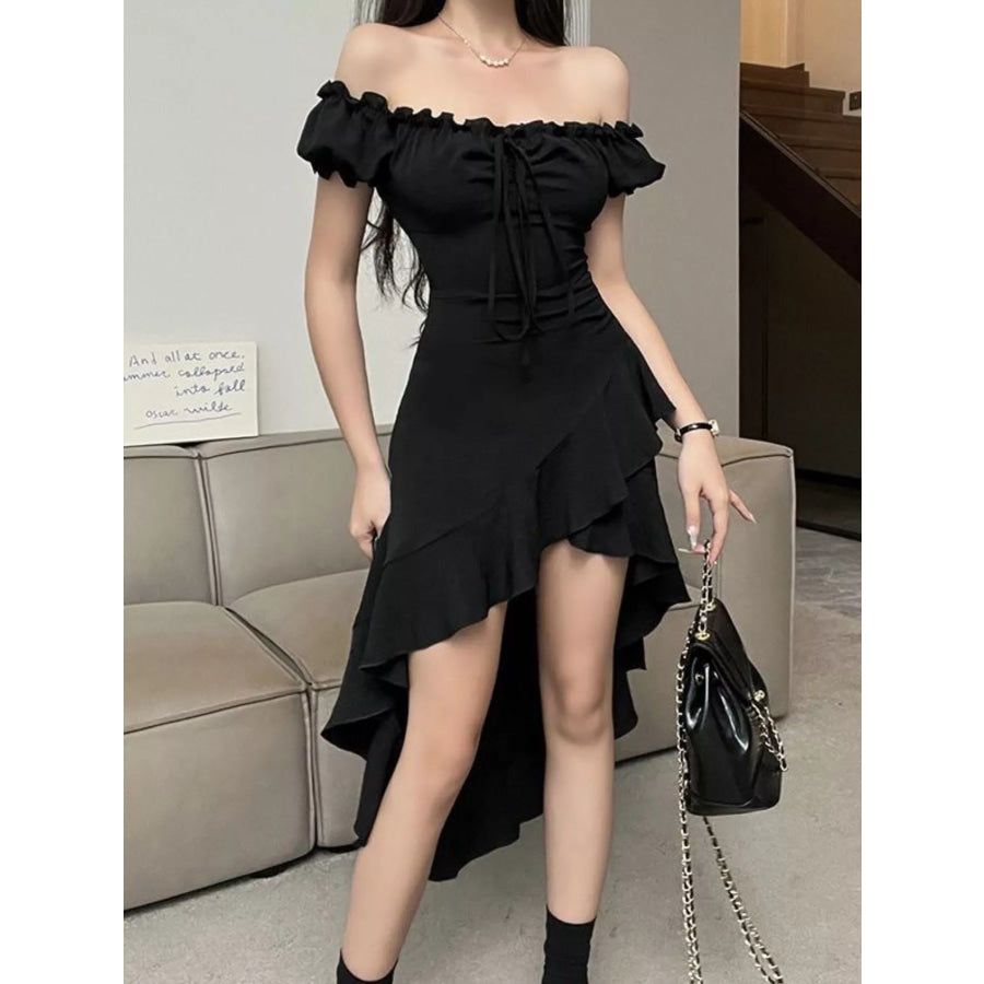 Off-Shoulder Ruffle Hem High-Low Dress Black / M Apparel and Accessories