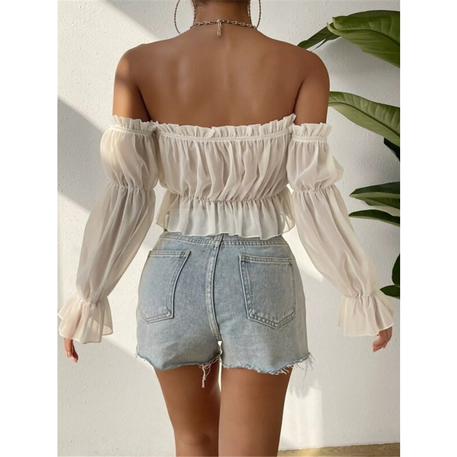 Off-Shoulder Ruffle Trim Sheer Cropped Blouse Apparel and Accessories