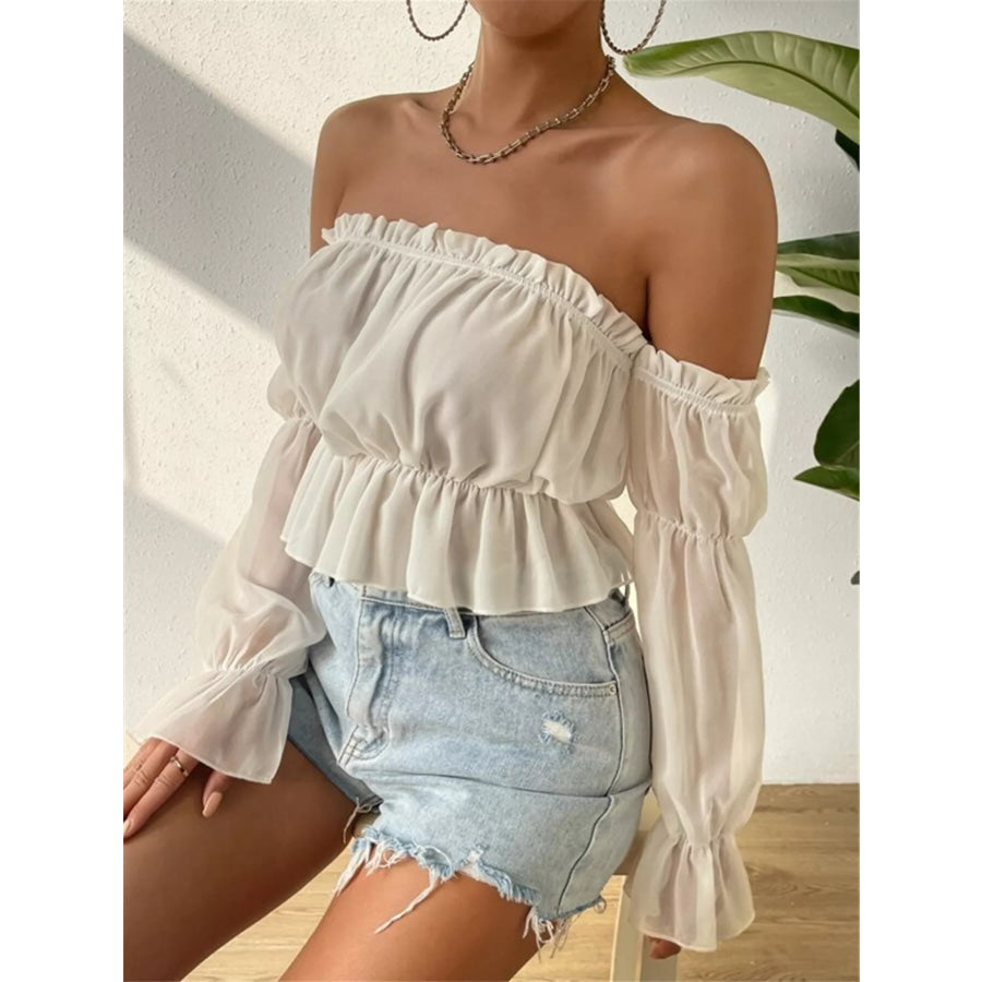 Off-Shoulder Ruffle Trim Sheer Cropped Blouse Apparel and Accessories