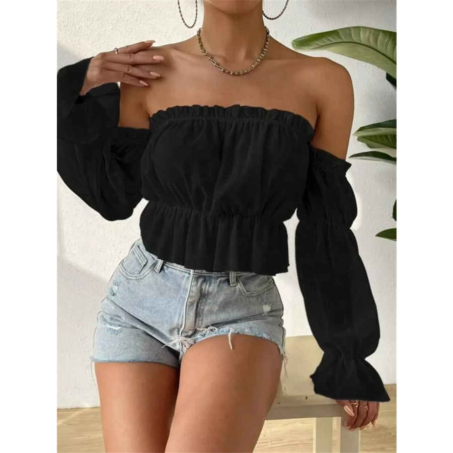 Off-Shoulder Ruffle Trim Sheer Cropped Blouse Apparel and Accessories