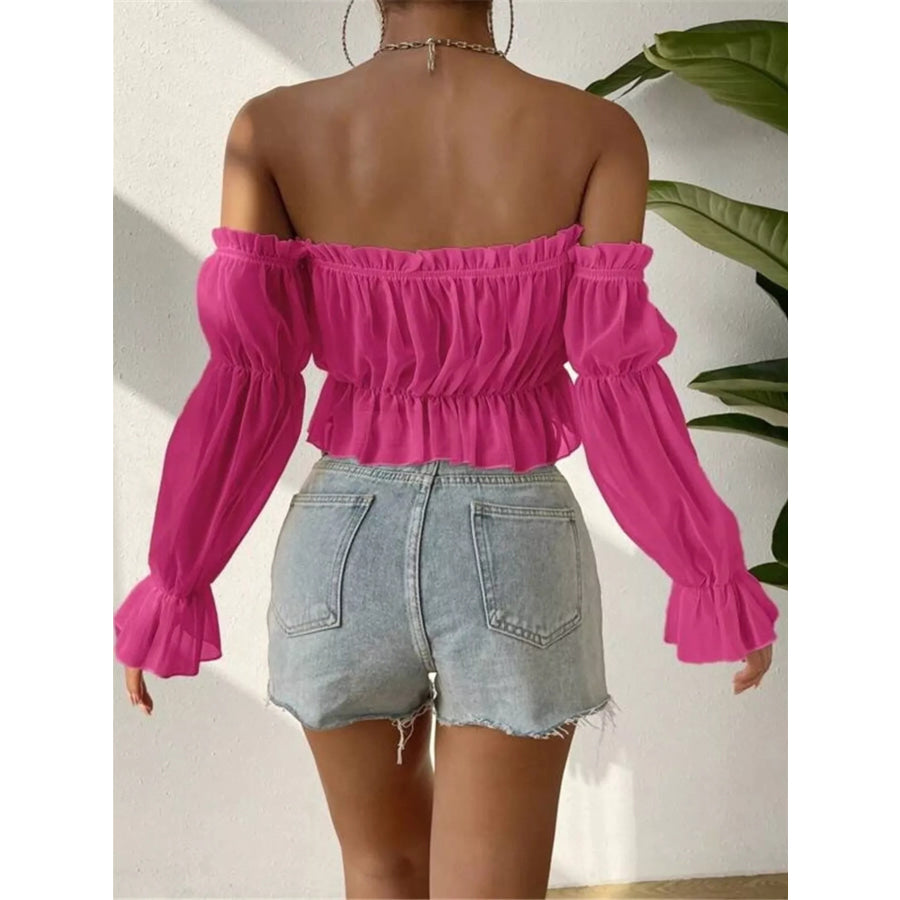 Off-Shoulder Ruffle Trim Sheer Cropped Blouse Apparel and Accessories