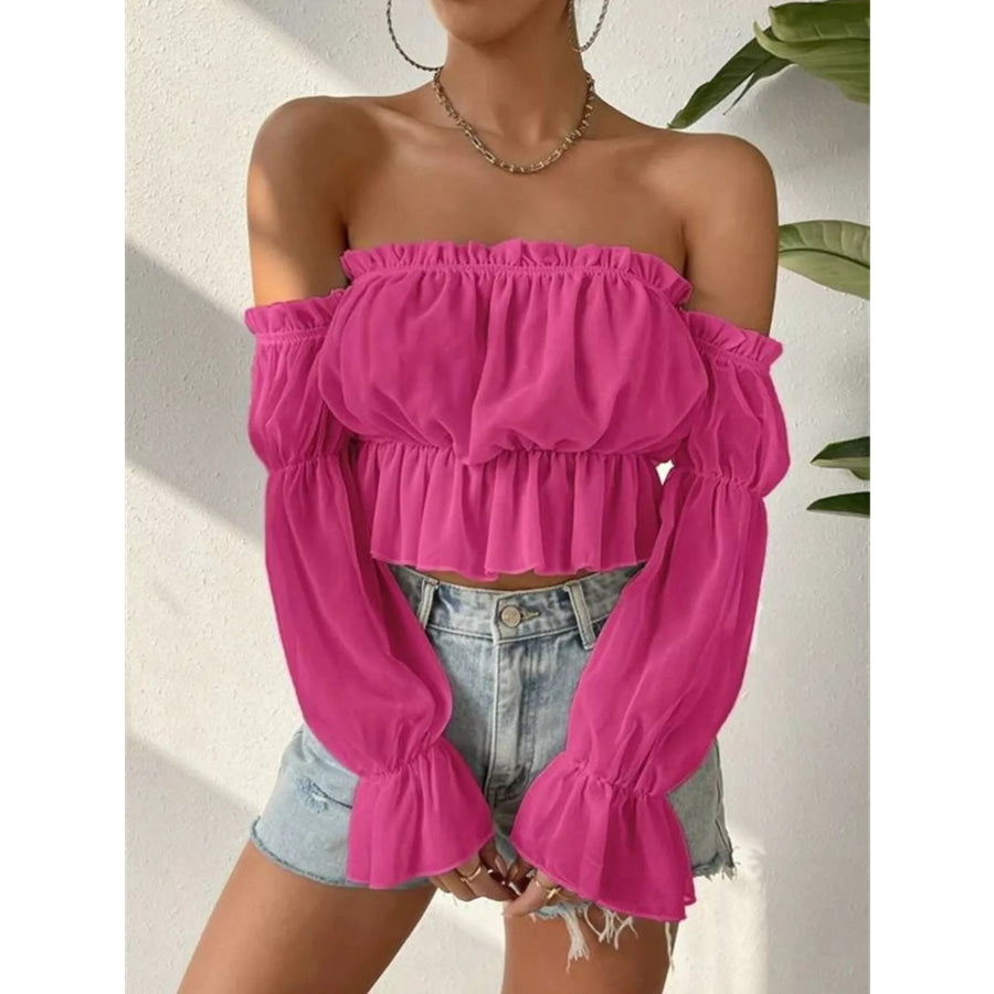 Off-Shoulder Ruffle Trim Sheer Cropped Blouse Apparel and Accessories