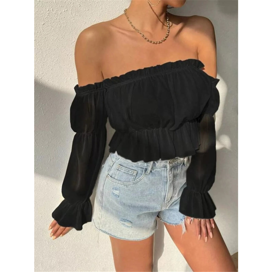 Off-Shoulder Ruffle Trim Sheer Cropped Blouse Apparel and Accessories