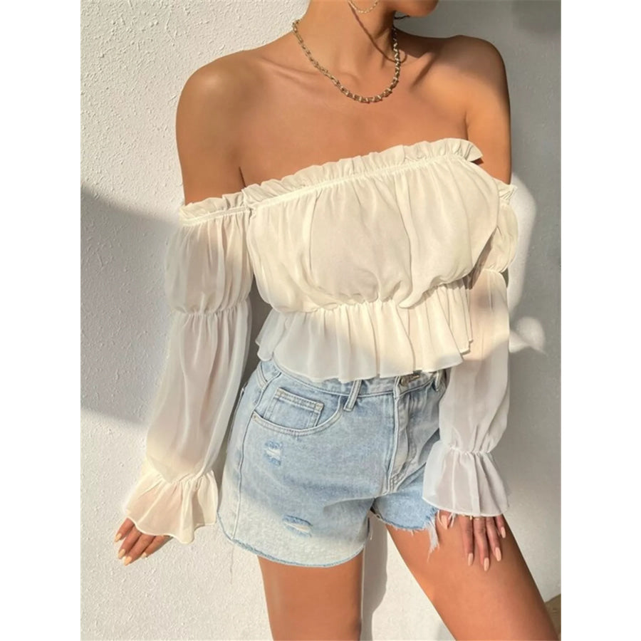 Off-Shoulder Ruffle Trim Sheer Cropped Blouse Apparel and Accessories