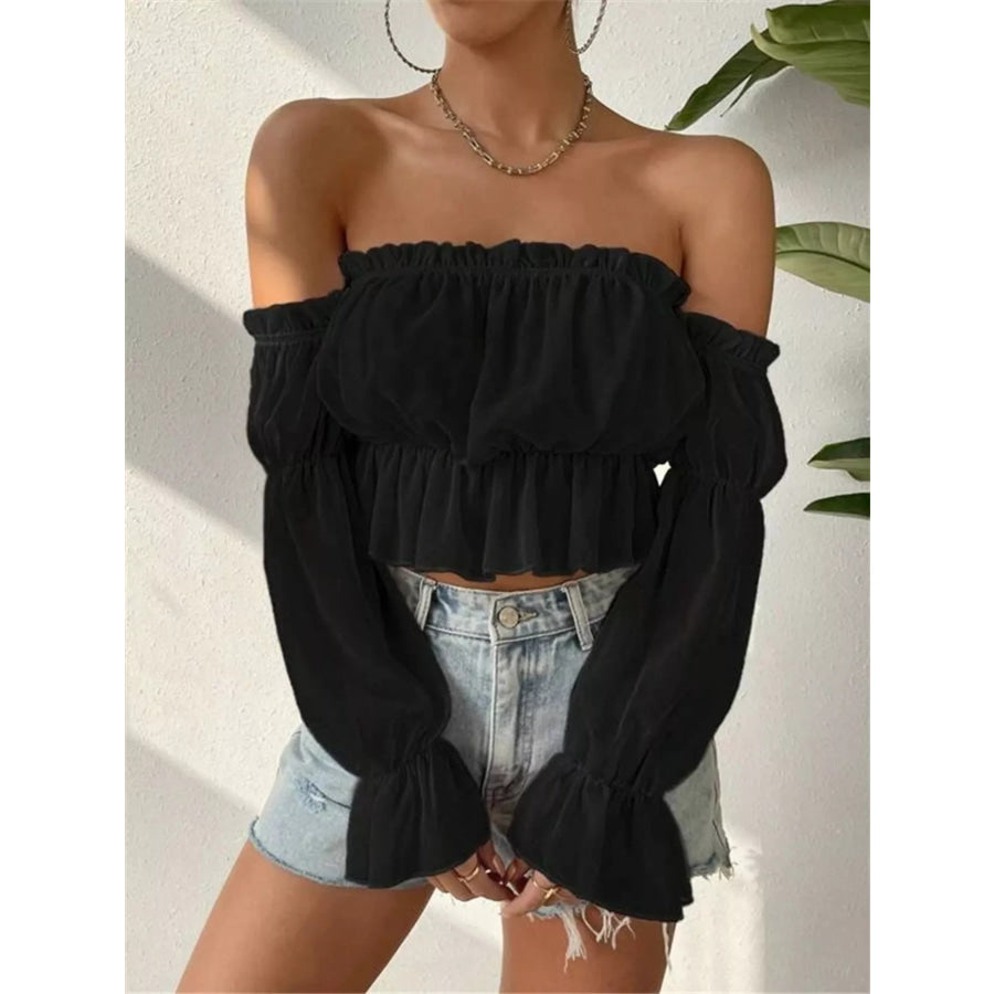 Off-Shoulder Ruffle Trim Sheer Cropped Blouse Apparel and Accessories