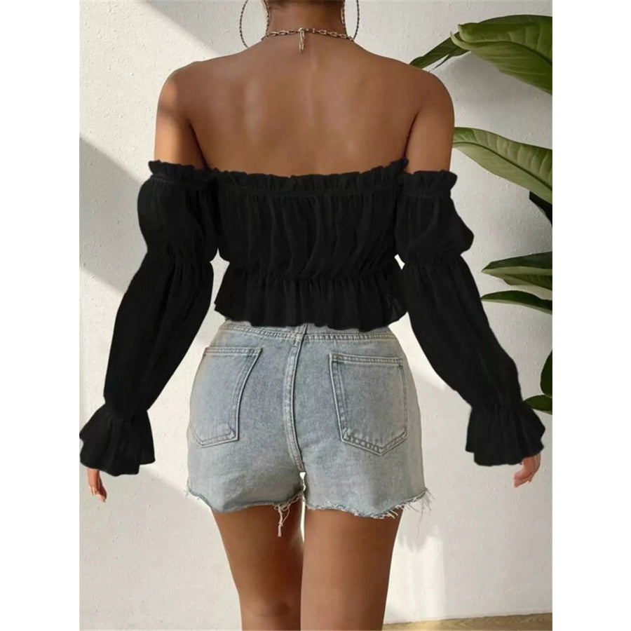 Off-Shoulder Ruffle Trim Sheer Cropped Blouse Apparel and Accessories