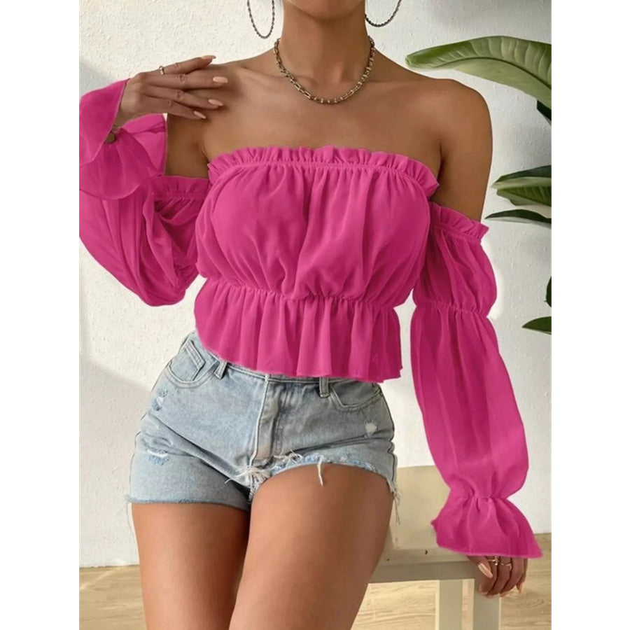 Off-Shoulder Ruffle Trim Sheer Cropped Blouse Apparel and Accessories