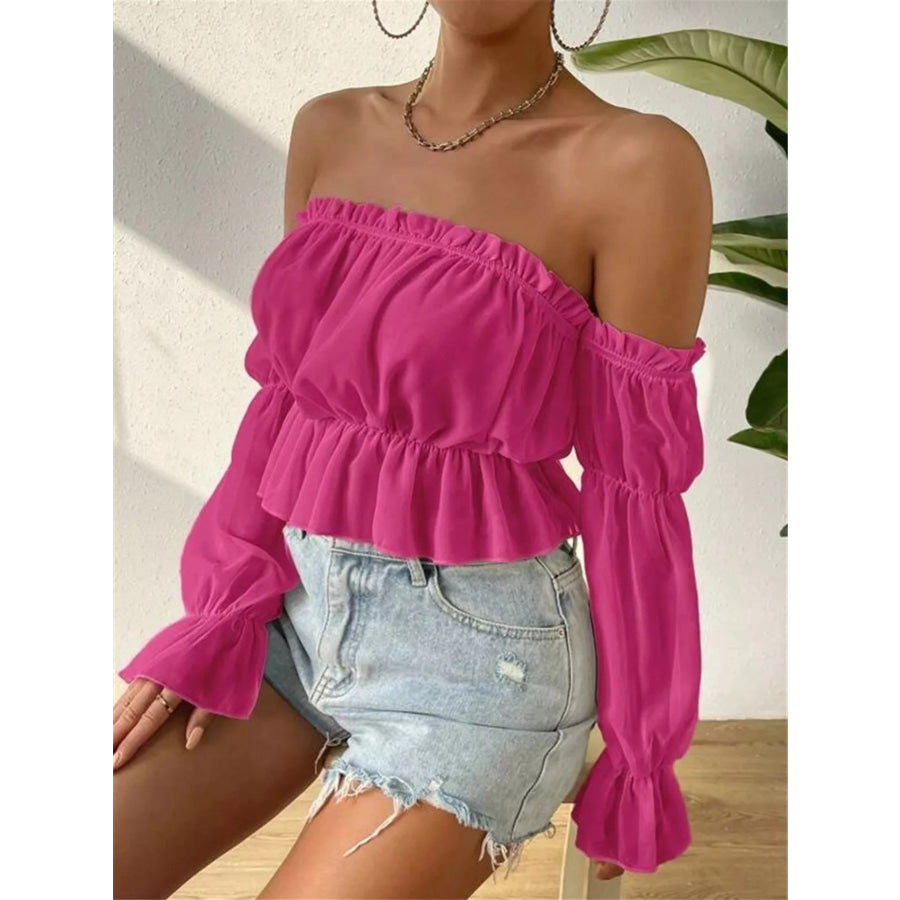 Off-Shoulder Ruffle Trim Sheer Cropped Blouse Apparel and Accessories