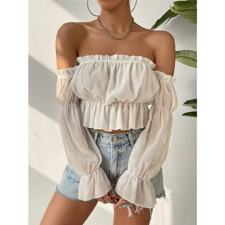 Off-Shoulder Ruffle Trim Sheer Cropped Blouse Beige / S Apparel and Accessories