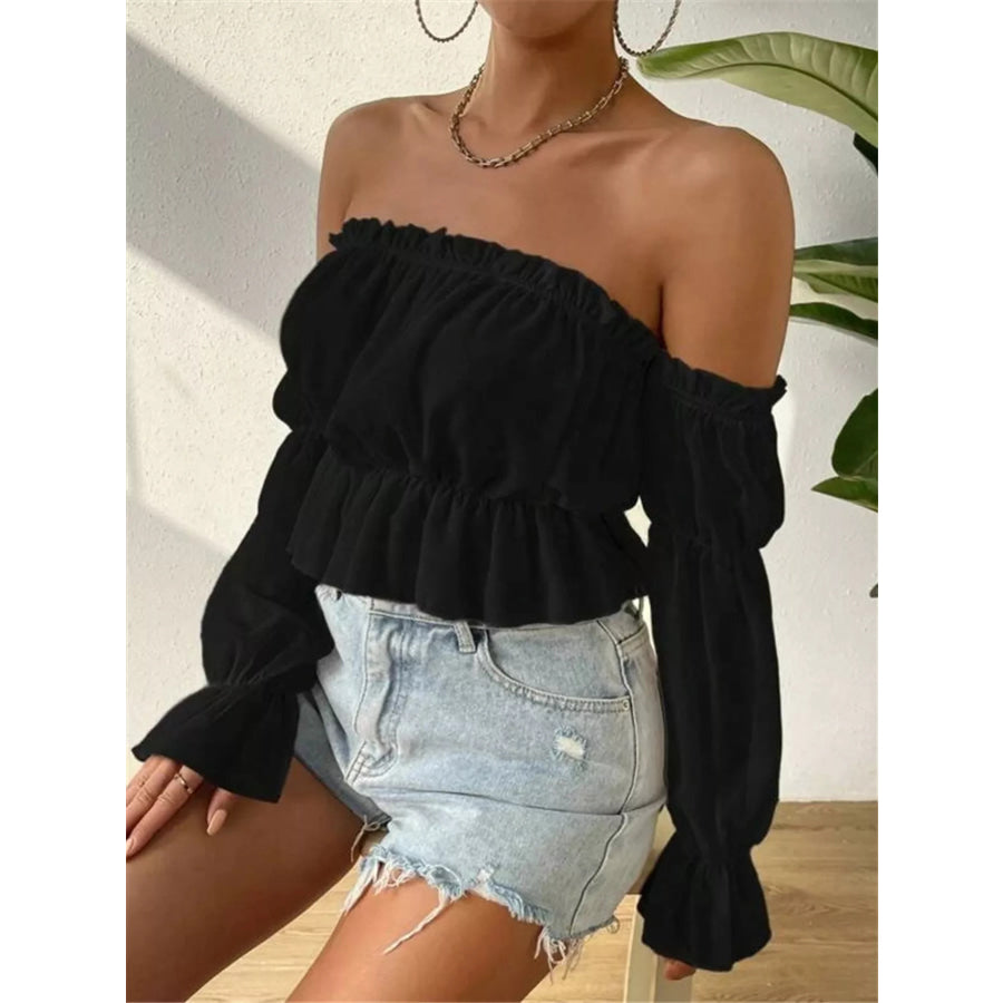 Off-Shoulder Ruffle Trim Sheer Cropped Blouse Black / S Apparel and Accessories