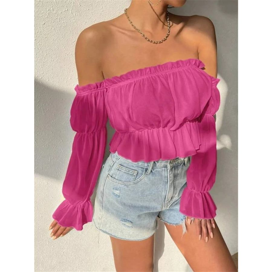Off-Shoulder Ruffle Trim Sheer Cropped Blouse Hot Pink / S Apparel and Accessories