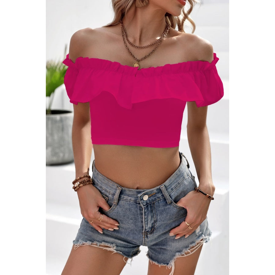 Off-Shoulder Ruffled Cropped Top Deep Rose / S