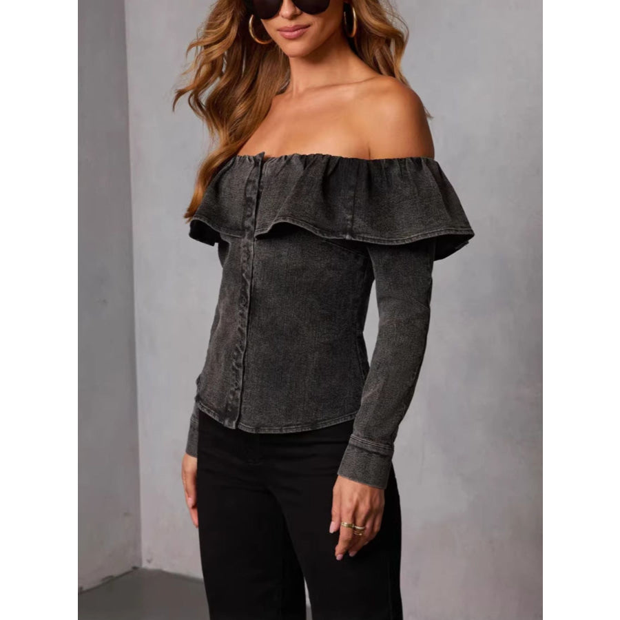 Off-Shoulder Ruffled Denim Top Apparel and Accessories