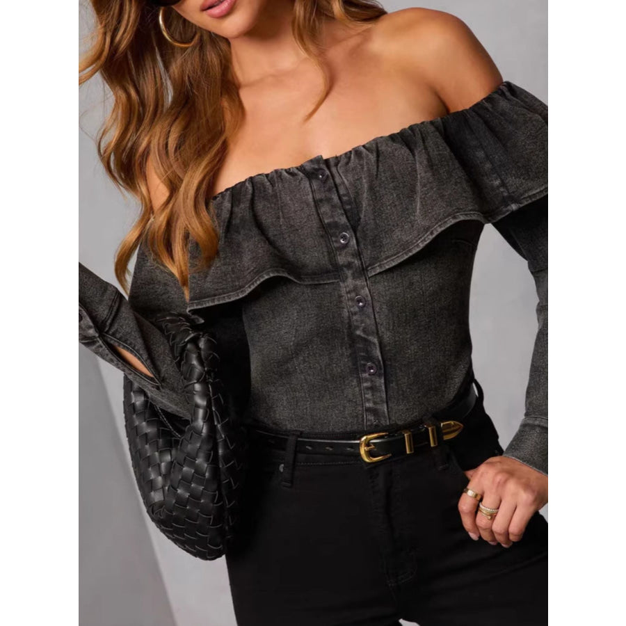 Off-Shoulder Ruffled Denim Top Apparel and Accessories
