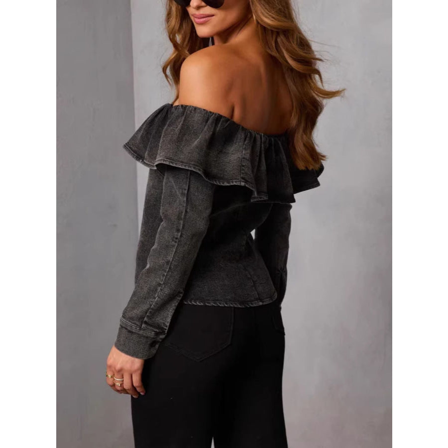 Off-Shoulder Ruffled Denim Top Apparel and Accessories