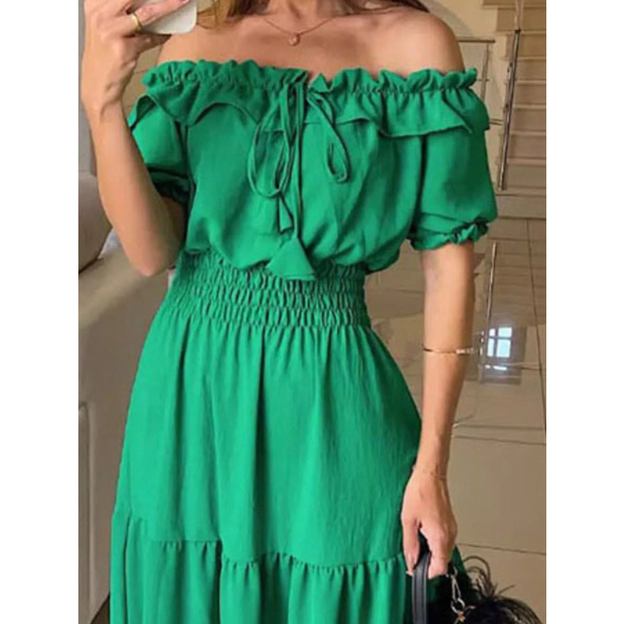 Off-Shoulder Ruffled Tiered Maxi Dress Green / S Apparel and Accessories