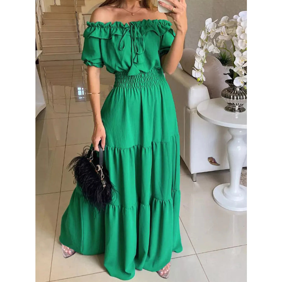 Off-Shoulder Ruffled Tiered Maxi Dress Green / S Apparel and Accessories
