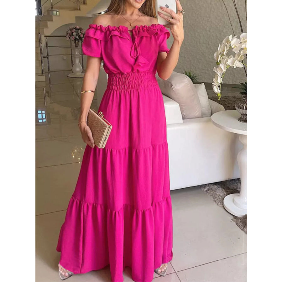 Off-Shoulder Ruffled Tiered Maxi Dress Rose Red / S Apparel and Accessories