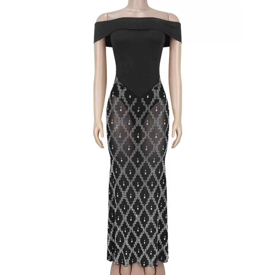 Off-Shoulder Sheer Rhinestone Embellished Maxi Dress Apparel and Accessories
