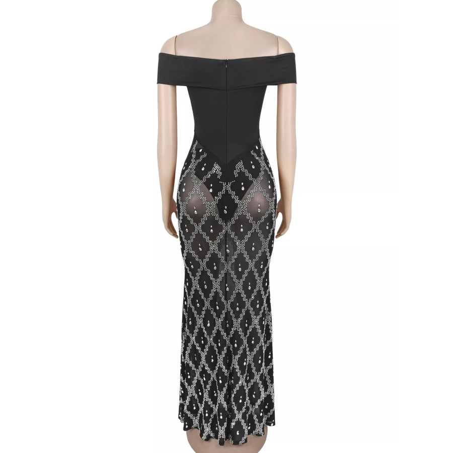 Off-Shoulder Sheer Rhinestone Embellished Maxi Dress Apparel and Accessories