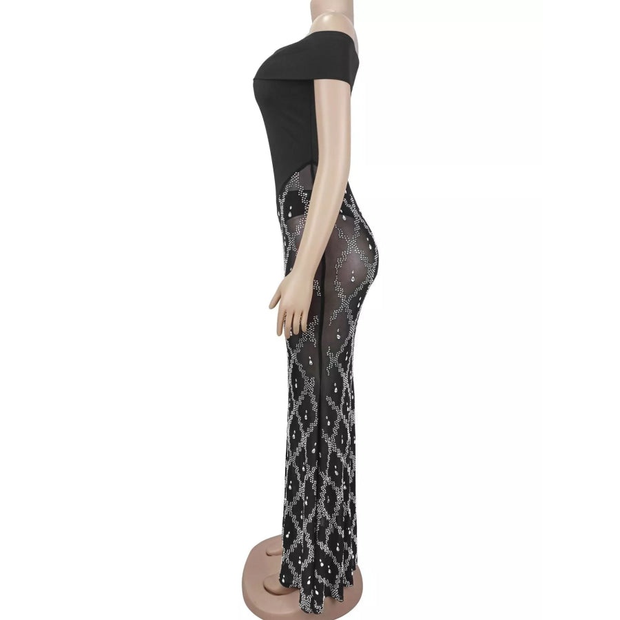 Off-Shoulder Sheer Rhinestone Embellished Maxi Dress Apparel and Accessories
