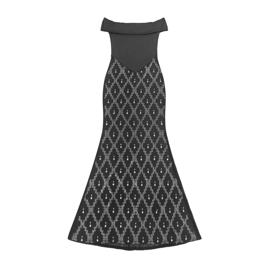 Off-Shoulder Sheer Rhinestone Embellished Maxi Dress Apparel and Accessories