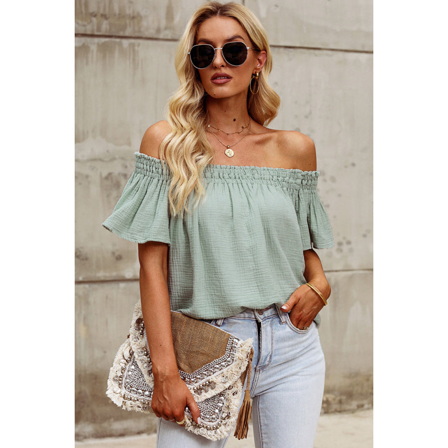 Off - Shoulder Short Sleeve Blouse Sage / S Apparel and Accessories