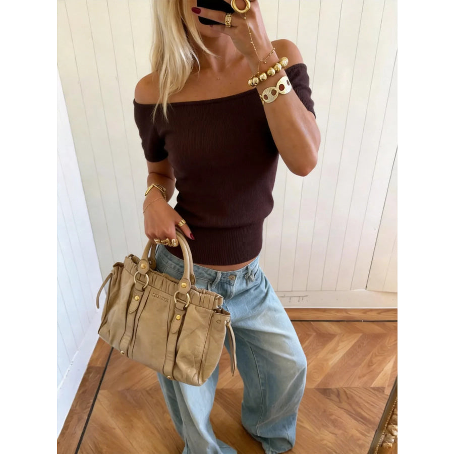 Off-Shoulder Short Sleeve Knit Top Apparel and Accessories