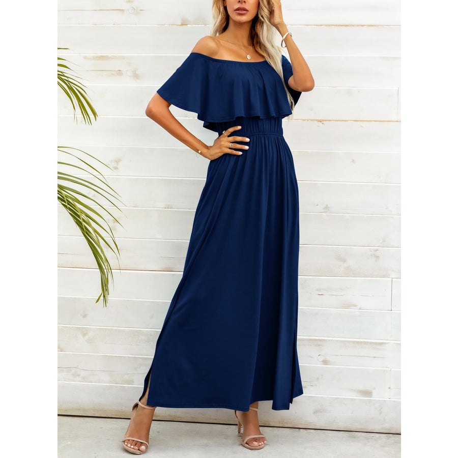 Off-Shoulder Slit Maxi Dress Dark Navy / M