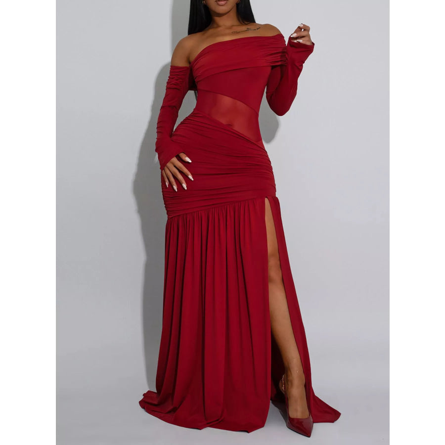 Off Shoulder Slit Maxi Dress Scarlet / S Apparel and Accessories